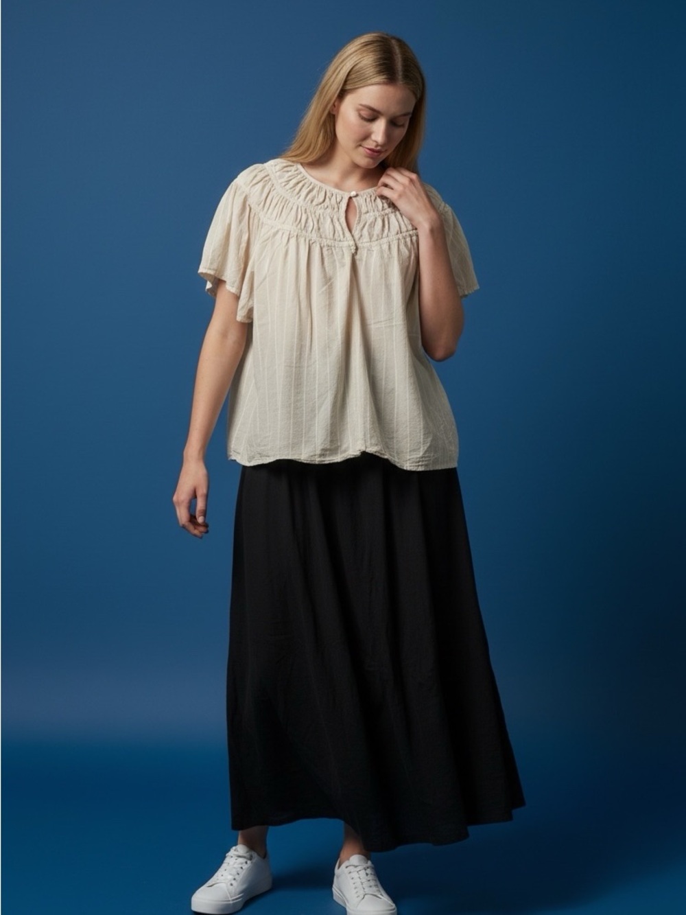 Old Navy Cream and White Striped Peasant Blouse